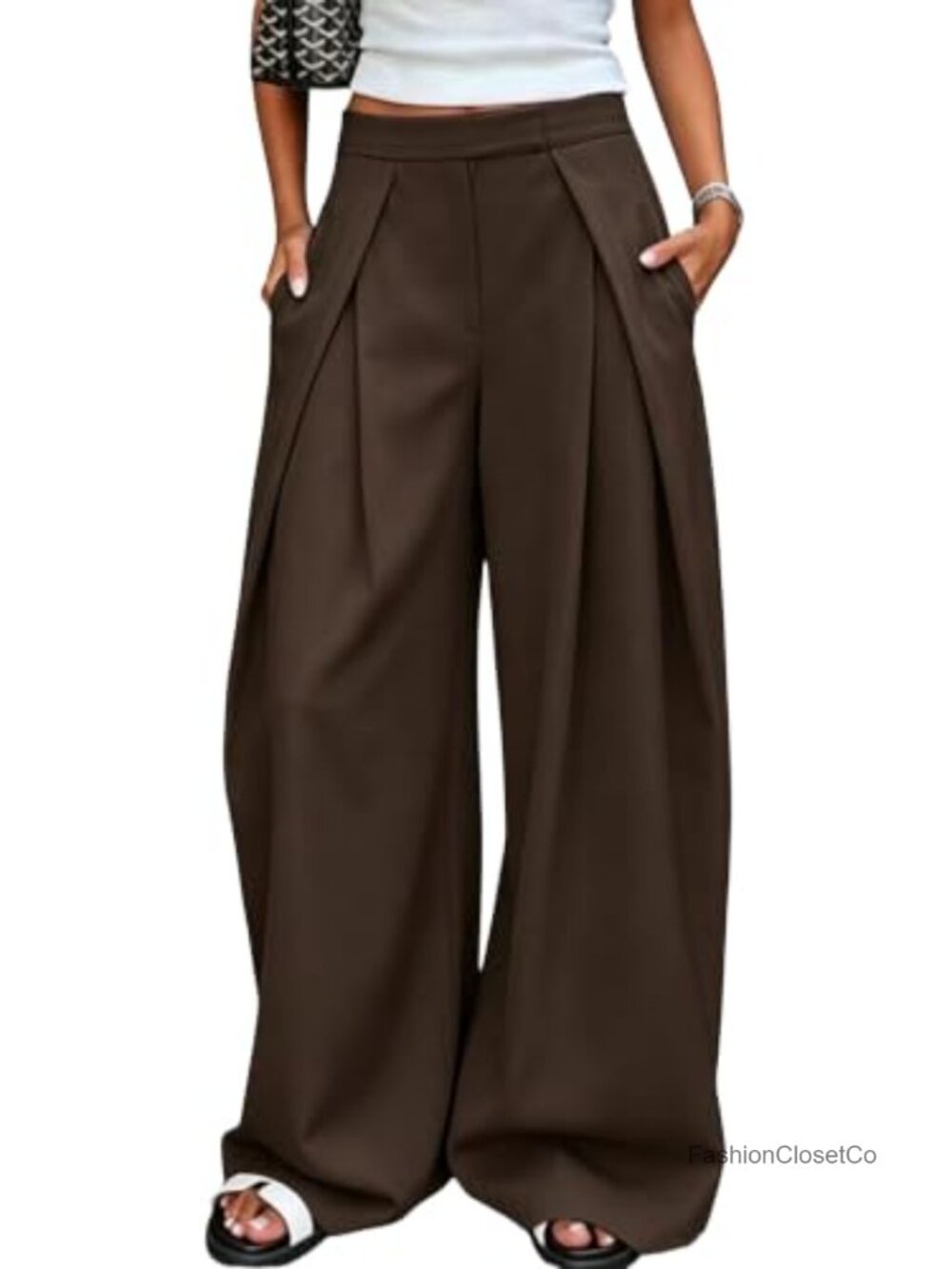 Women Pleated Wide Leg Palazzo Pants High Waisted Dress Slacks Work Trousers